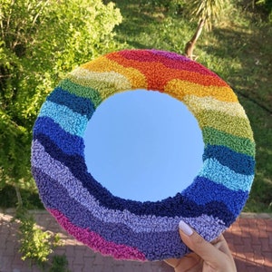 Tufted Rug Mirror, Wavy Punch Needle Mirror, Rainbow Colors Decoration, Funky Fluffy Mirror, Round Rainbow Nursery Mirror, Kids Room Mirror