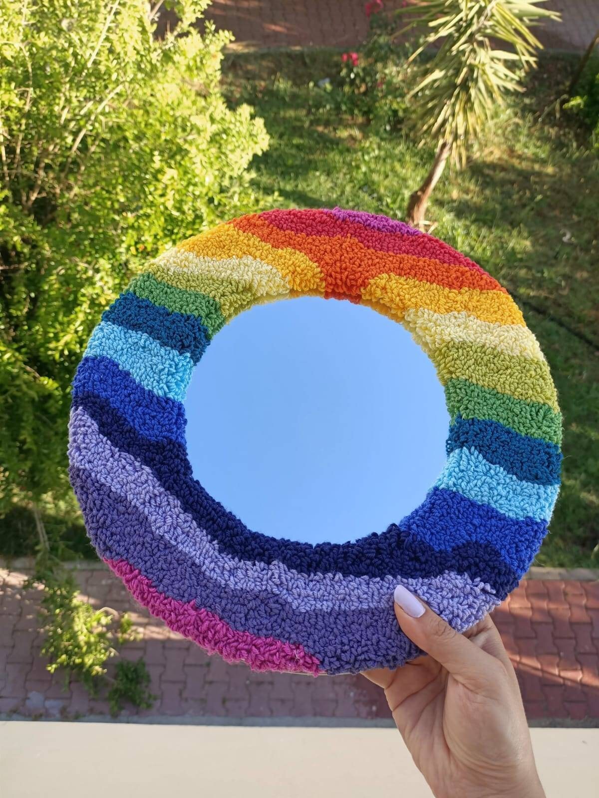 Tufted Rug Mirror, Wavy Punch Needle Mirror, Rainbow Colors