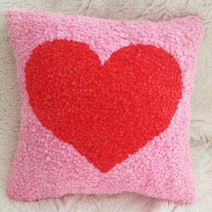 Hand Tufted Heart Pillow, Pink and Red Heart Throw Pillow, Valentines Day Cushion, Valentines Home Decor