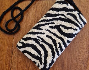 Zebra Punch Nedle Sling Bag, Travel Phone Purse fits Passport, Zebra Print iPhone Sling Bag, Hands Free Cell Phone Purse, Zebra Iphone Case
