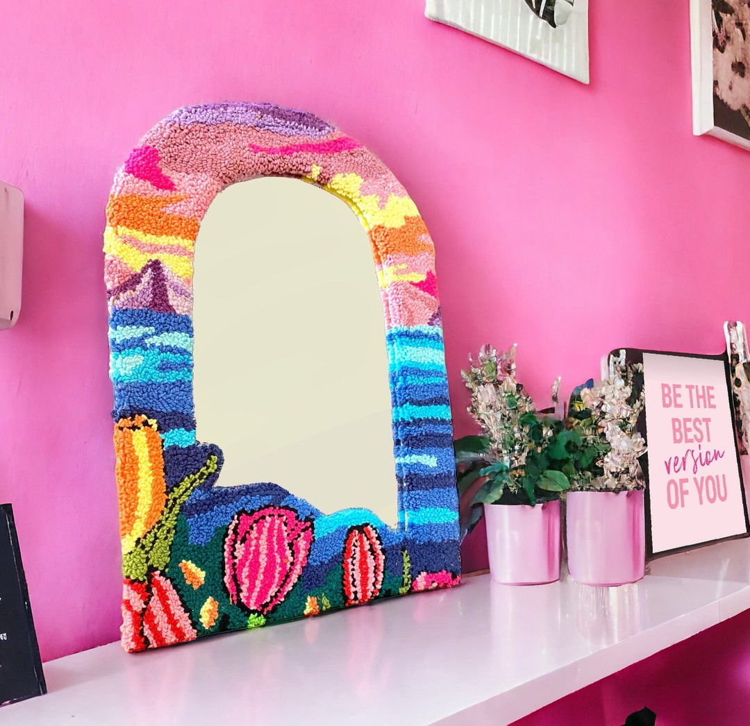 Multicolor Tufted Arch Mirror, Wavy Punch Needle Rug Mirror, Vibrant