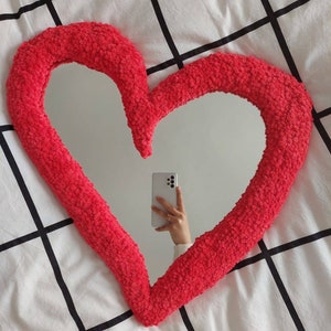 Heart Tufted Wall Mirror, Red Heart Punch Needle Rug Mirror, Cool Mirror, Maximalist Mirror Red Irregular Heart, Imperfect Heart Shaped image 2