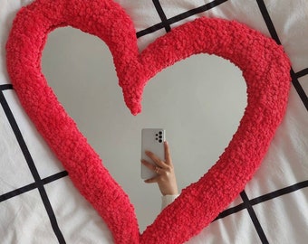 Heart Tufted Wall Mirror, Red Heart Punch Needle Rug Mirror, Cool Mirror, Maximalist Mirror Red Irregular Heart, Imperfect Heart Shaped,