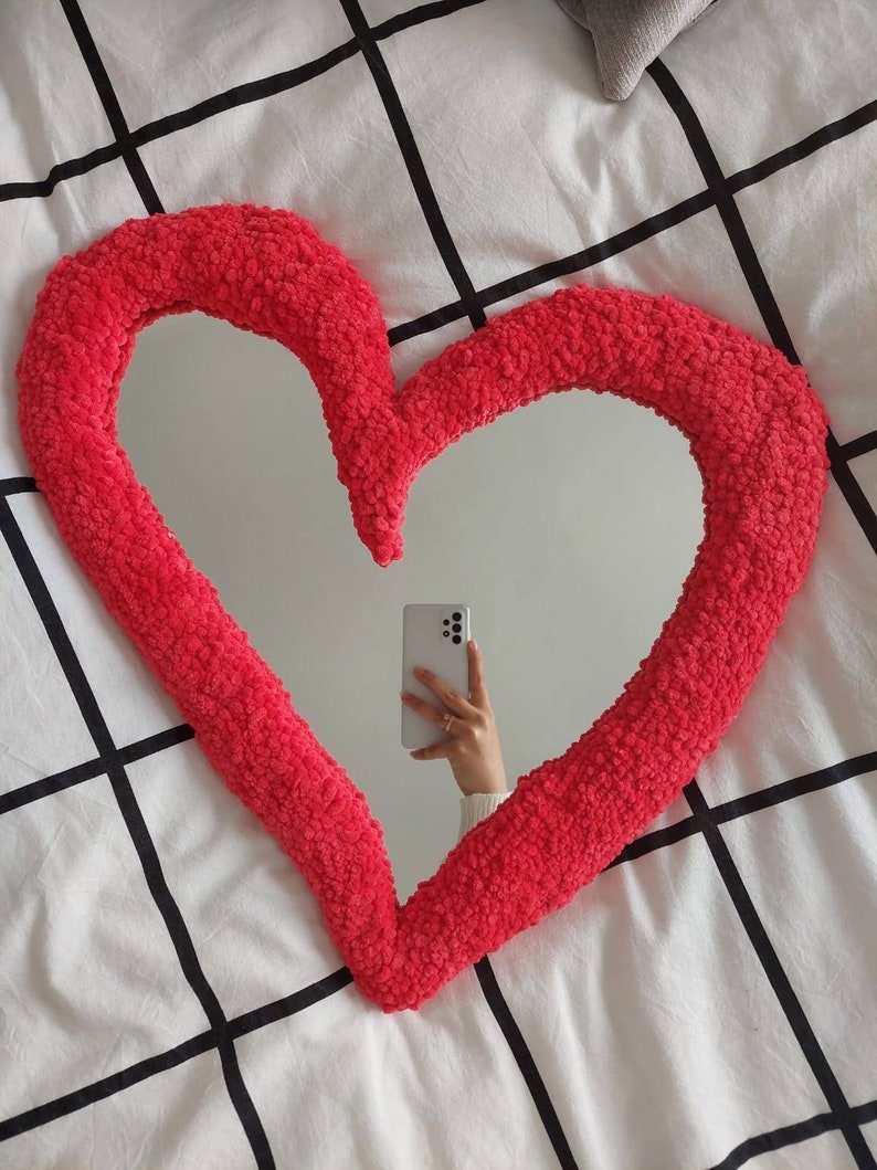 Heart Tufted Wall Mirror, Red Heart Punch Needle Rug Mirror, Cool Mirror, Maximalist Mirror Red Irregular Heart, Imperfect Heart Shaped image 2