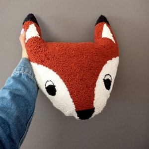 Fox Shaped Tufted Punch Needle Cushion, Stuffed Fox Tufted Pillow, Soft Fox Bear Cushion, Brown Nursery Decor, Woodland Fox Head Pillow