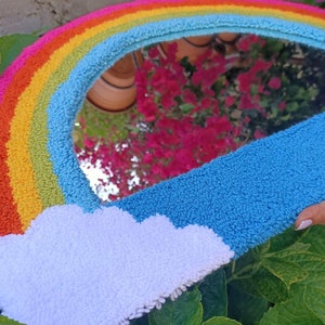 Large Rainbow Tufted Rug Mirror, Wavy Punch Needle Mirror, Danish Pastel Decoration, Funky Fluffy Mirror,custom nursery punch mirror rainbow