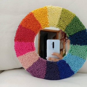 Tufted Rug Mirror, Wavy Punch Needle Mirror, Danish Pastel Decoration, Funky Mirror, Multicolored rainbow , Round Rainbow Nursery Mirror