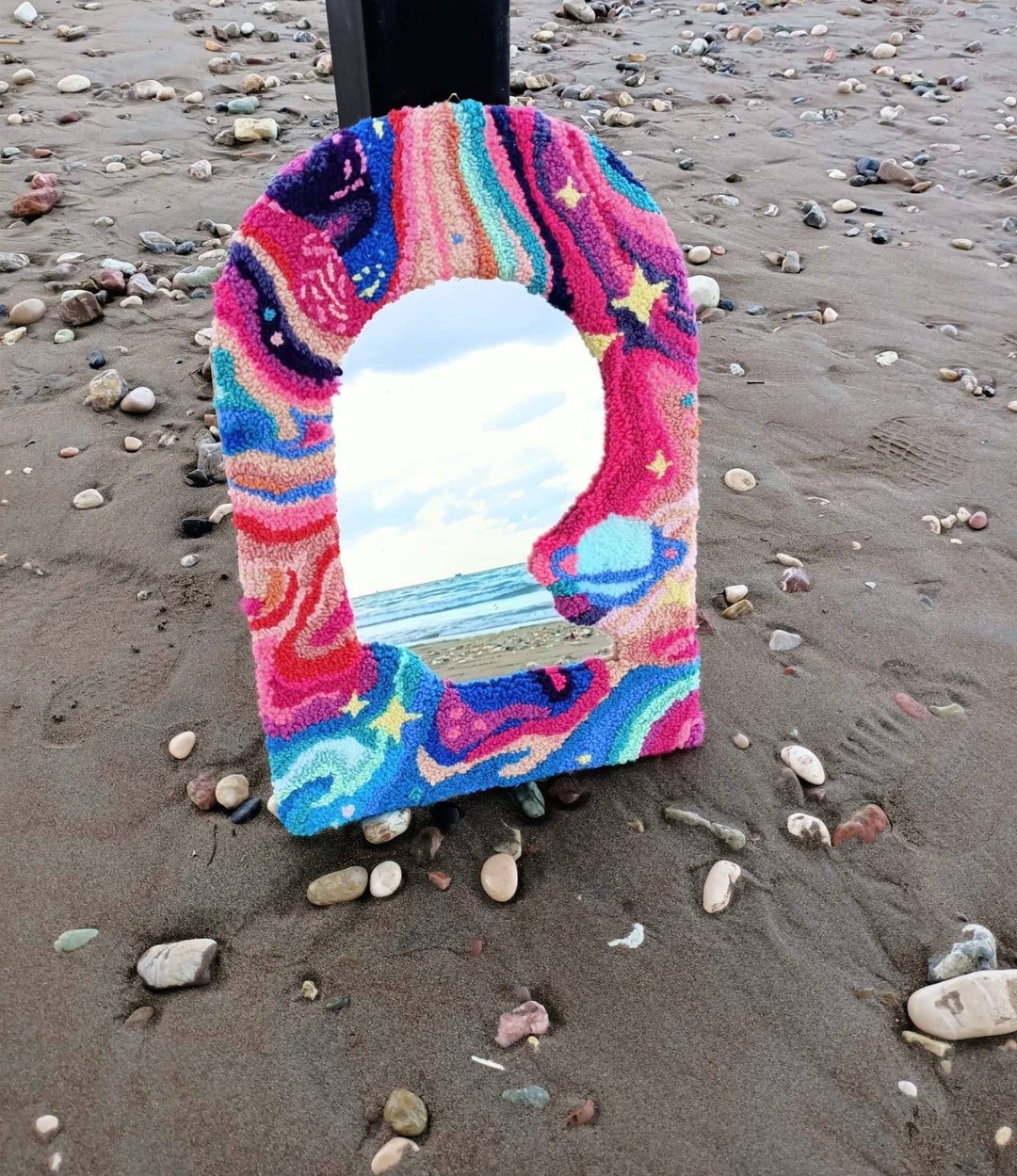 Multicolor Tufted Arch Mirror, Wavy Punch Needle Rug Mirror, Danish