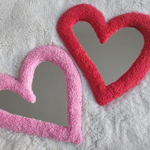 Heart Tufted Wall Mirror, Red Heart Punch Needle Rug Mirror, Cool Mirror, Maximalist Mirror Red Irregular Heart, Imperfect Heart Shaped