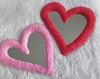 Heart Tufted Wall Mirror, Red Heart Punch Needle Rug Mirror, Cool Mirror, Maximalist Mirror Red Irregular Heart, Imperfect Heart Shaped