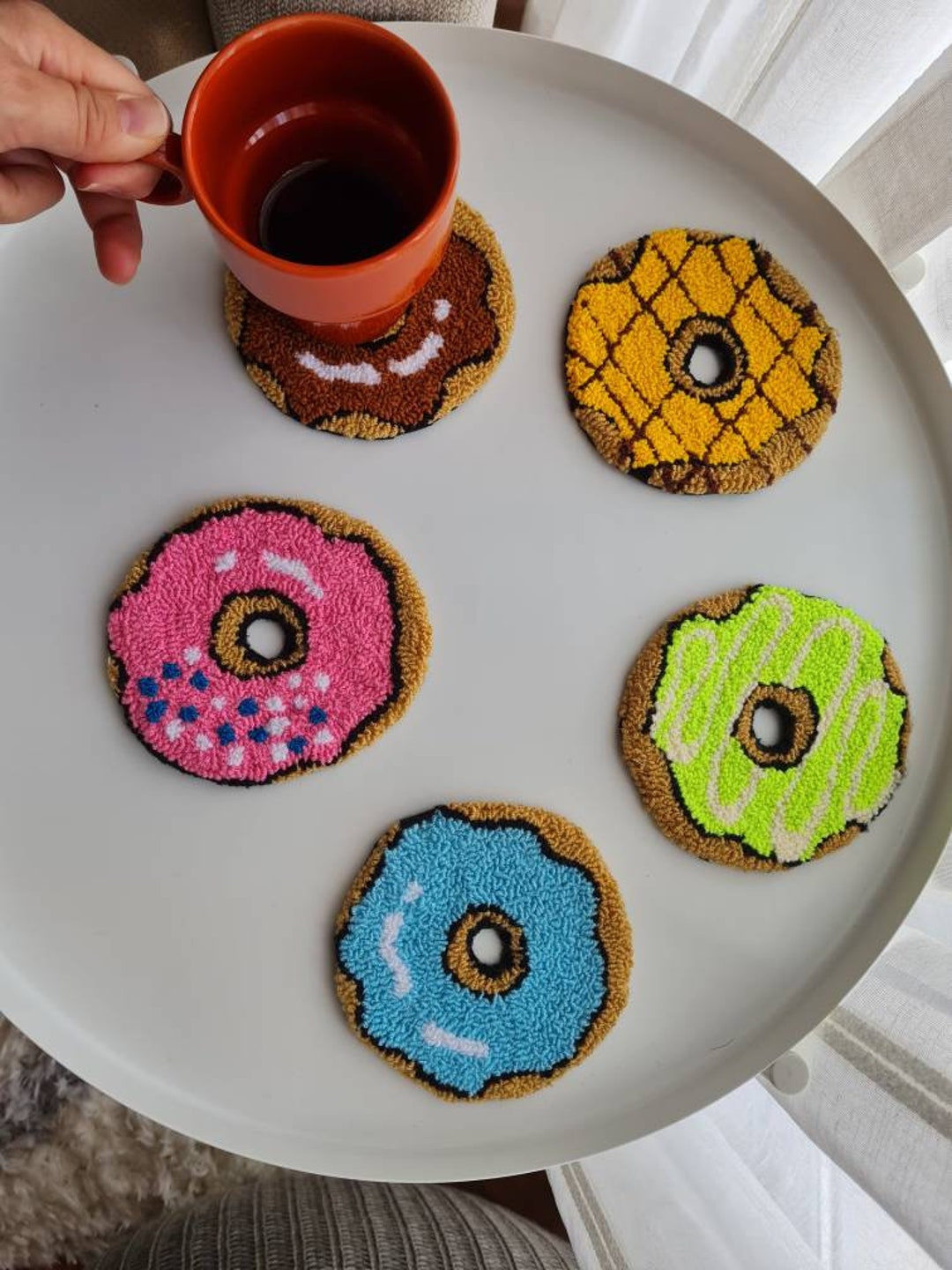 Punch Needle Coaster, Handmade Mug Rug, Donut Coasters, Coaster Set of 4,  Tufted Coaster, Candle Display, Pastel Donuts, Donut Lover 