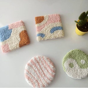 Punch Needle Coaster, Abstract Tufted Coaster, Cute Candle Display, Danish Pastel Decor,  boho rug coaster, Tufted Rug Coaster Set of 4