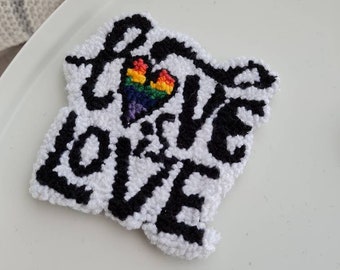 Punch Needle Coaster, Handmade Mug Rug, love is love coaster, rainbow pride coasters, lgbtq pride flag gift for gay bestfriend gay girl gift