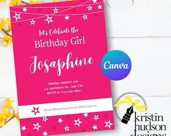 Invitación de cumpleaños con temática de estrellas americanas y muñecas: Plantilla editable / Plantilla de Canva / Descarga instantánea