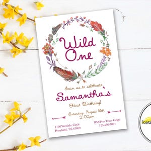 Wild One!, Feathers, Flowers First Birthday Party Invitation Customized for You to Download and Print