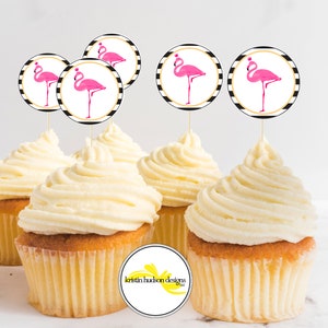 Flamingo Black, White and Pink Birthday Cupcake Toppers, Download and Print