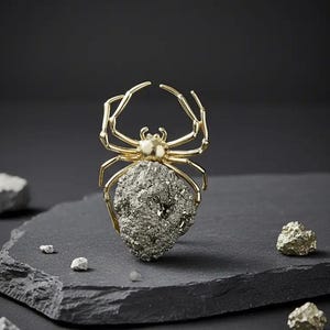 May include: A gold-colored spider ring with a pyrite stone body. The spider ring is displayed on a dark gray stone surface with small pyrite stones scattered around it. The background is a dark gray.