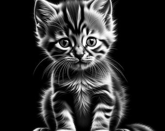 Puede incluir: Una foto en blanco y negro de un lindo gatito esponjoso sentado con sus patas metidas debajo de su cuerpo. El gatito tiene ojos grandes y redondos y una expresión dulce.