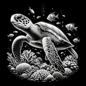 May include: A black and white illustration of a sea turtle swimming in the ocean. The turtle is surrounded by coral reefs and fish. The image is a stylized representation of a sea turtle in its natural habitat.
