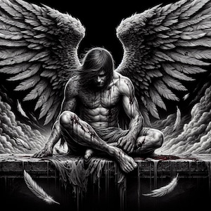 May include: A black and white illustration of an angel with large wings, sitting with their head down and blood dripping from their body.