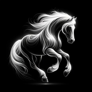 Pode incluir: Uma ilustração de linha branca de um cavalo se erguendo sobre suas patas traseiras com sua crina flutuando no vento.