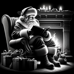 May include: A black and white illustration of Santa Claus sitting in a chair by a fireplace, reading a book. He is wearing a red hat and a white beard. There are presents and a basket of ornaments on the floor in front of him.