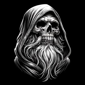 Op de afbeelding: Zwart-witte illustratie van een schedel met een capuchon en een lange baard.