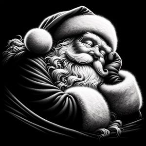 Op de afbeelding: Een zwart-witte illustratie van de slapende kerstman met zijn ogen dicht. Hij draagt een rode muts met een witte rand en een witte baard. Hij houdt zijn hand onder zijn kin en is gehuld in een witte, bontgevoerde mantel.
