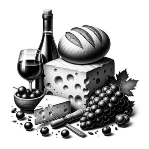 Op de afbeelding: Een zwart-wit stilleven van een fles rode wijn, een glas rode wijn, een brood, een blok Zwitserse kaas, een wig Zwitserse kaas, een tros druiven, een mes, een vork en een kom met olijven.