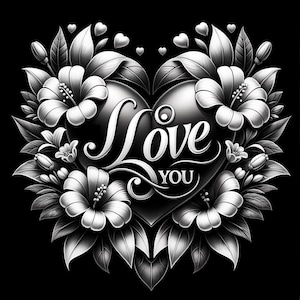 Puede incluir: Ilustración en blanco y negro de un corazón con las palabras "I Love You" en su interior. El corazón está rodeado de flores estilizadas.