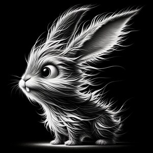 May include: A black and white illustration of a fluffy, furry rabbit with large ears and a wide-eyed expression. The rabbit is looking up and to the left, with its mouth slightly open.