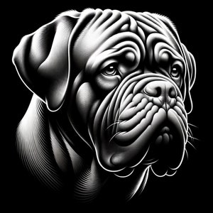 May include: A black and white illustration of a dog's head. The dog has a wrinkled face and large, expressive eyes.