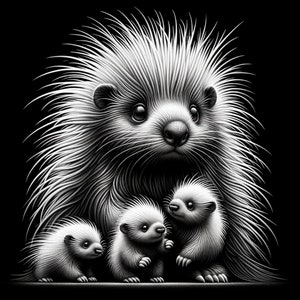 Op de afbeelding: Een zwart-witte illustratie van een egel met drie kleinere egels. De moeder egel bevindt zich in het midden van de afbeelding en de drie kleinere egels bevinden zich voor haar.