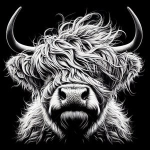 May include: A monochrome illustration of a Highland cow's face, featuring long, white, shaggy fur and curved horns. The cow's nose is detailed, and the artwork is set against a black background.