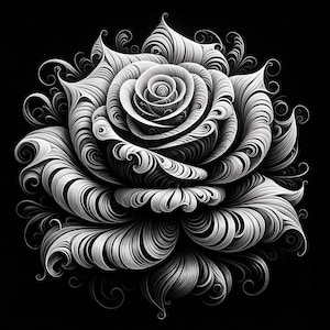 May include: A black and white illustration of a rose with intricate details. The rose is made up of many swirling lines and curves, creating a complex and beautiful design.