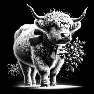 Op de afbeelding: Een zwart-witte illustratie van een Schotse hooglander met een feestelijke hulsttak in zijn mond. De koe draagt een zwart-wit lint om zijn nek.