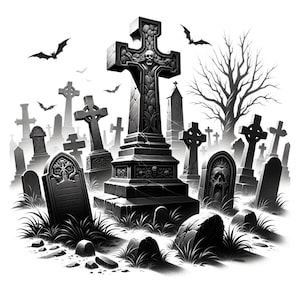 May include: A grayscale illustration of a graveyard scene. Prominent are various tombstones and crosses, with a large cross in the center. Bats are flying in the sky. The scene evokes a gothic or Halloween theme.