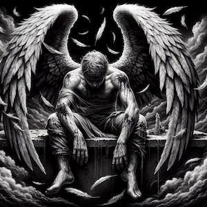 May include: A black and white illustration of an angel with large wings, sitting on a ledge with a sorrowful expression. The angel is covered in blood and feathers are falling around them.