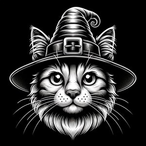 以下が含まれることがあります： 黒と白のイラストで、猫がバックル付きの魔女の帽子をかぶっています。猫はとがった鼻、大きな目、ふわふわの尻尾をしています。