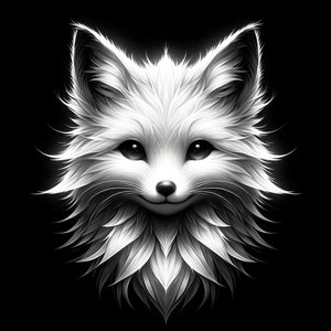 以下が含まれることがあります： ふわふわとした羽根のような質感のキツネの顔の白黒イラスト。キツネは友好的な表情で、直接視聴者を見つめている。