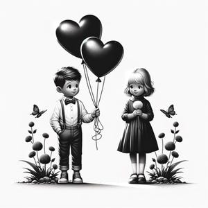 Op de afbeelding: Een zwart-witte illustratie van een jongen die een meisje twee hartvormige ballonnen geeft. De jongen houdt de ballons vast en het meisje houdt een bloem vast. Er zijn vlinders en bloemen op de achtergrond.