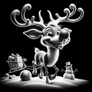 Peut inclure: Illustration en noir et blanc d'un renne de dessin animé au nez rouge, tirant un traîneau rempli de cadeaux. Un bonhomme de neige avec un chapeau haut de forme se tient à proximité. Le renne sourit et semble courir sur une surface enneigée.