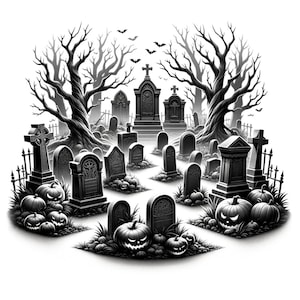 May include: A black and white illustration of a spooky graveyard scene. The image features various tombstones, bare trees, and carved pumpkins with glowing faces. Bats are flying in the sky, creating a Halloween theme.