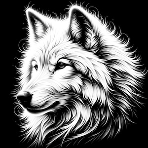 Pode incluir: Ilustração em preto e branco de uma cabeça de lobo feita com linhas. A pelagem do lobo é representada com linhas detalhadas, criando uma aparência realista e texturizada. Os olhos do lobo estão fechados e sua boca está ligeiramente aberta, o que lhe confere uma expressão calma e serena.