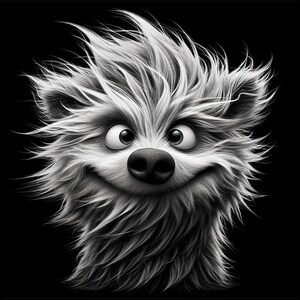 May include: A black and white illustration of a furry creature with a big smile and wild hair. The creature has a large, round nose and big, round eyes.