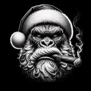 May include: A black and white illustration of a gorilla wearing a Santa hat and a beard, smoking a cigar.