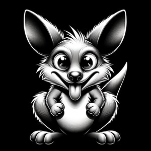 May include: A black and white cartoon illustration of a smiling fox with large eyes and a long tongue sticking out. The fox is sitting on its haunches with its paws in front of it.
