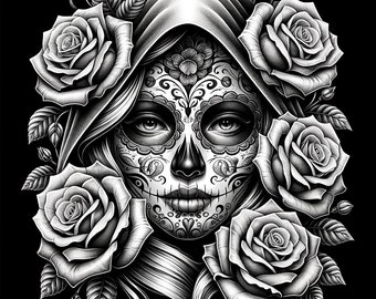 May include: Black and white illustration of a sugar skull with floral face paint, a hooded cloak, and roses. The skull has detailed patterns around the eyes, nose, and mouth. Roses surround the skull, with leaves and petals.