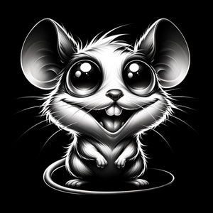 May include: A black and white cartoon illustration of a smiling mouse with large eyes. The mouse is standing on a black background.
