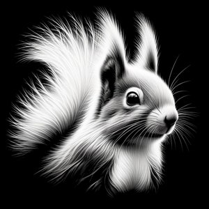 May include: A black and white illustration of a squirrel with a fluffy tail. The squirrel is looking to the right and has a soft, furry appearance.